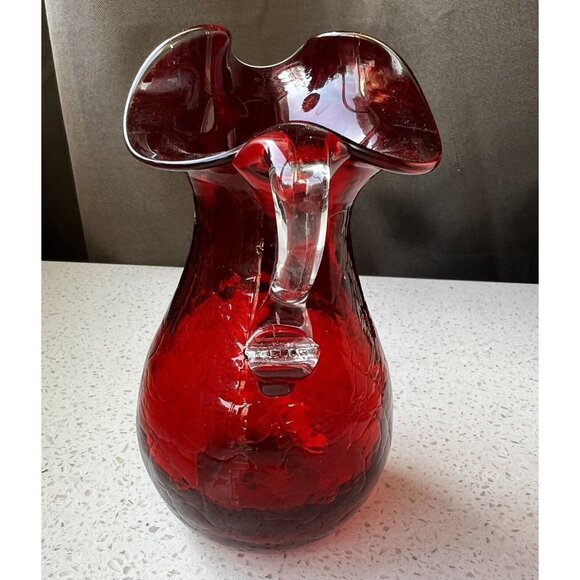 Blown Glass Red Vase Pitcher 5” Applied Clear Handle Crackle Glass Flute… - Picture 3 of 10